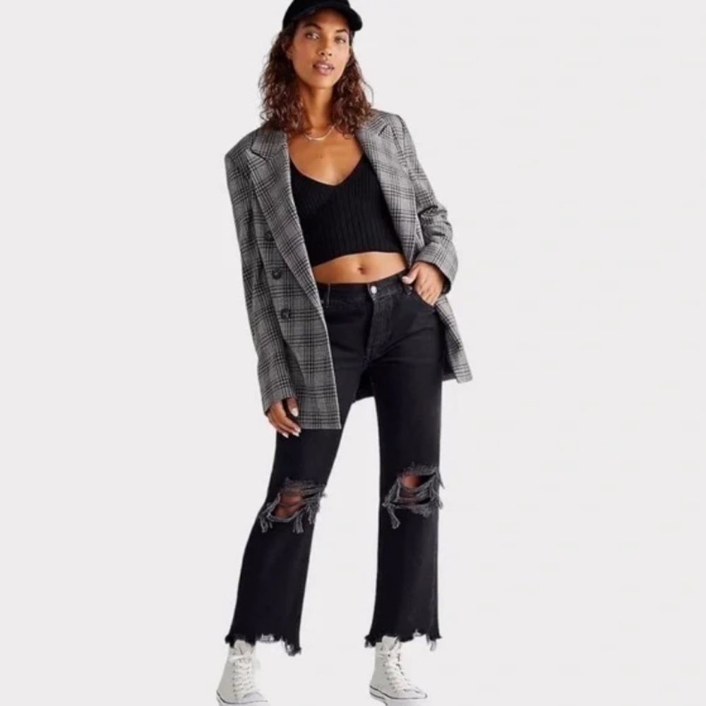 We The Free Maggie Mid Rise Button Fly Distressed Dark Wash Straight Leg Jeans